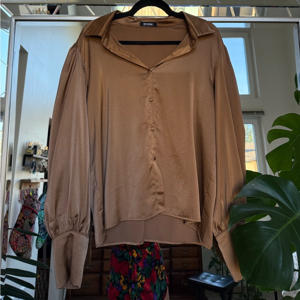 5/$25 - BTFBM | Bronze Satin Button Down Blouse - Picture 2 of 5